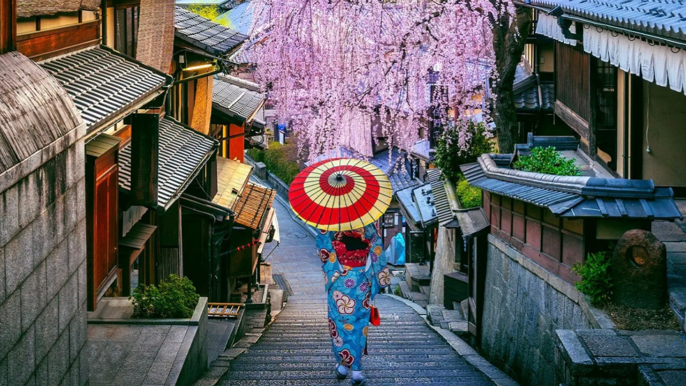 Kyoto temple surrounded by cherry blossoms in spring